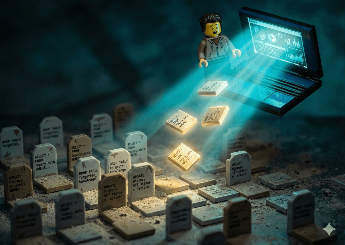 LEGO tiles with SQL text rising from buried ticket threads toward a glowing search interface