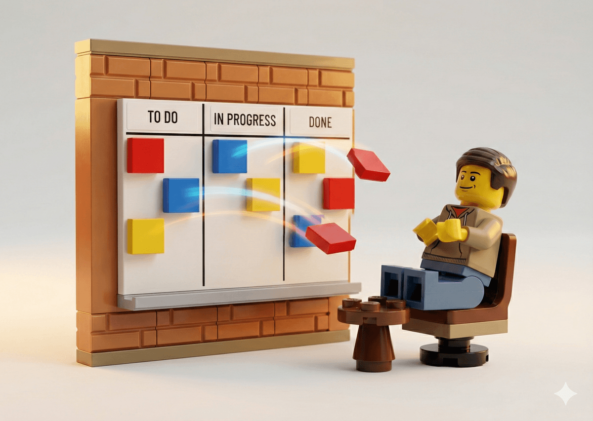 A LEGO kanban board with task tiles moving autonomously into the 'Done' column