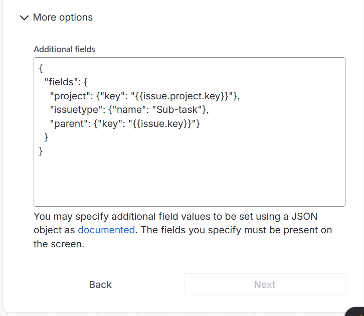 Zoom-in of additional properties to set on subtasks